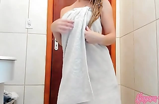 Leaving the bath with just a towel, dancing paired with applying body cream